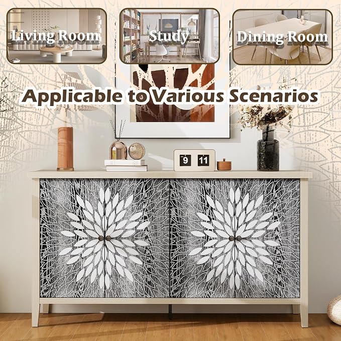 58'' Large Sideboard Buffet Kitchen Storage Cabinet, 4 Door Carved Modern - Image 5