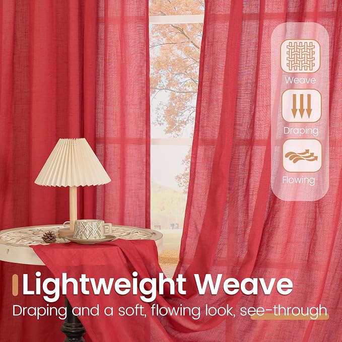 BGment Red Linen Cafe Curtains 36 Inch Length, Small Half Drapes Semi Sheer - Image 4
