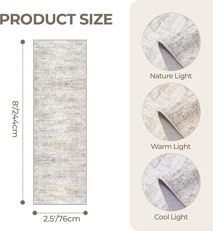 2'6 x 8' Runner Rug Non Slip, Washable Kitchen Rugs, Taupe | Neutral Rugs - Image 2