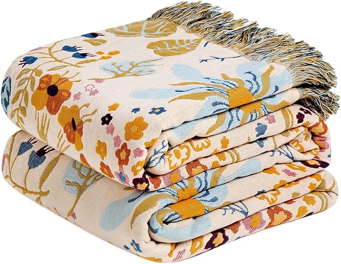 LUTBM Boho Throw Blanket with Florals & Leaves Embroidery Reversible by LUTBMFindYourFreeSpiritatHome