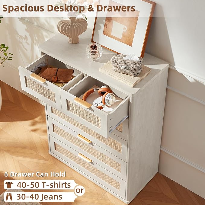 LEYAOYAO White Dresser for Bedroom Set of 2, Modern 6 Drawers Boho Rattan - Image 5