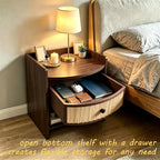 Wooden Nightstand with Drawer and Open Storage Shelf, Curved Front Bedside Table - Image 3