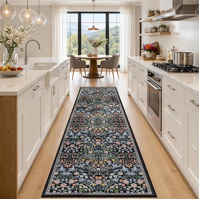 PLHXFR 3x10 Washable Runner Rug：Floral Indoor Kitchen Carpet Dark Black | by PLHXFRSoftAreaRugs