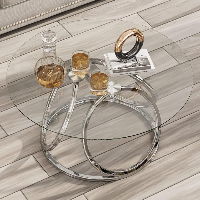 O&K FURNITURE Silver Coffee Table, Modern Glass Coffee Table Living Room Table - Image 4