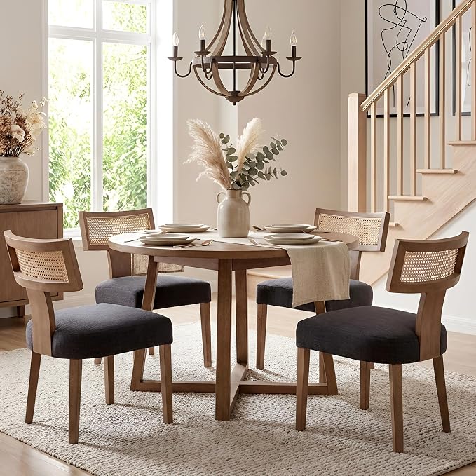 HNY Mid Century Modern Rattan Dining Chairs Set of 6, Farmhouse Linen - Image 8