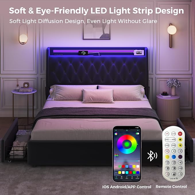 Full LED Velvet Bed Frame with 2 Storage Drawers&Hidden Headboard, Upholstered - Image 4