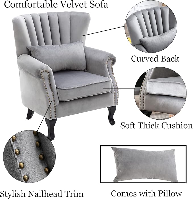 Mid Century Accent Chair Modern Tufted Wingback Armchairs Club Chair Velvet - Image 7