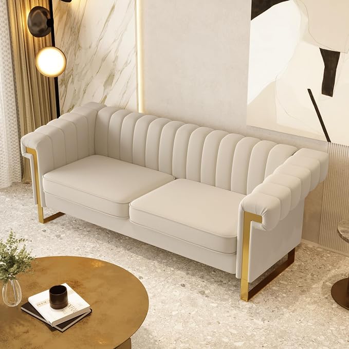Mid-Century Modern Beige Velvet Sofa - Image 5