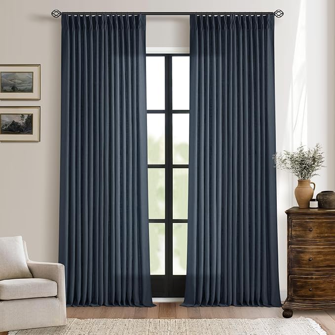 Pinch Pleated Extra Long Navy Linen Curtains 120 Inches Long | Farmhouse Modern by Twodrapes