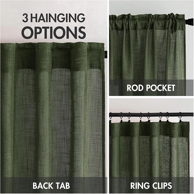 MIULEE Olive Green Linen Curtains 52x63 Inch Length 2 Panels - Image 3