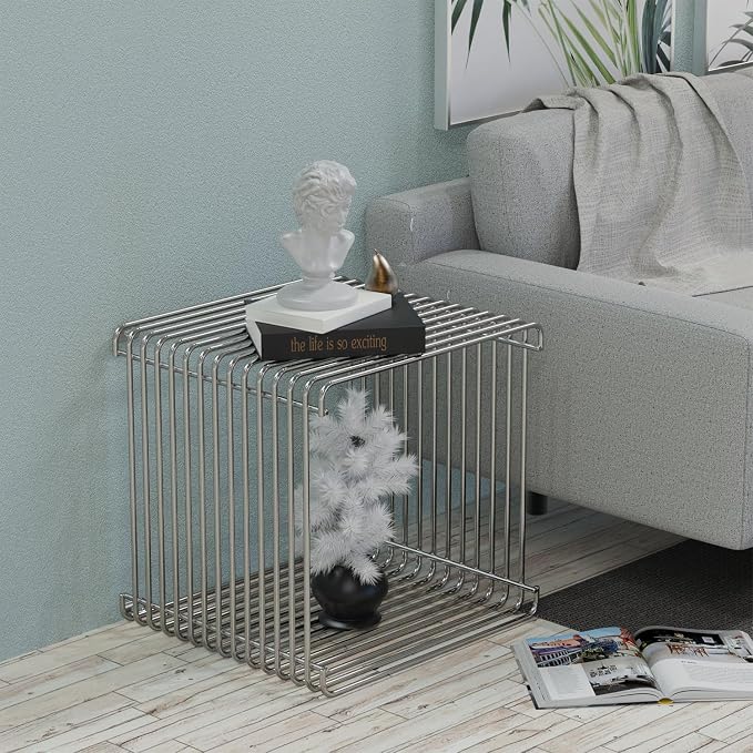 Square Geometry Retro Side Table Prime-Stainless Steel Linear Metal End Table - Image 2