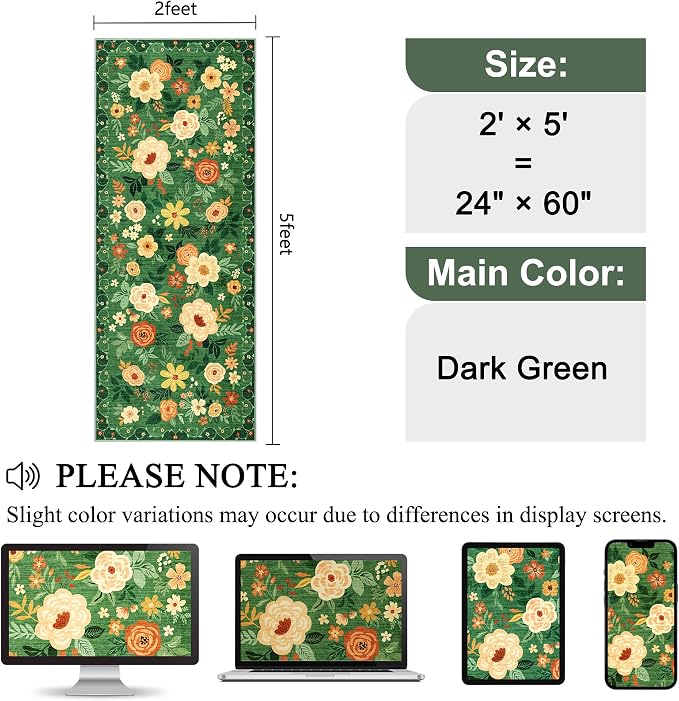 DUKINO 2x5 Runner Rug, Floral Washable Rug - Image 2