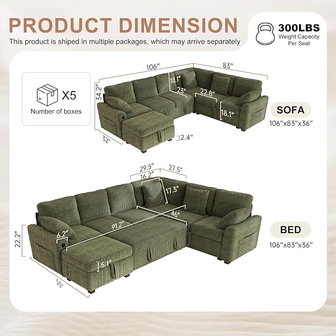 Hanherry Sectional Couch with Pull Out Sofa Bed, Corduroy Sleeper Sofa with - Image 2