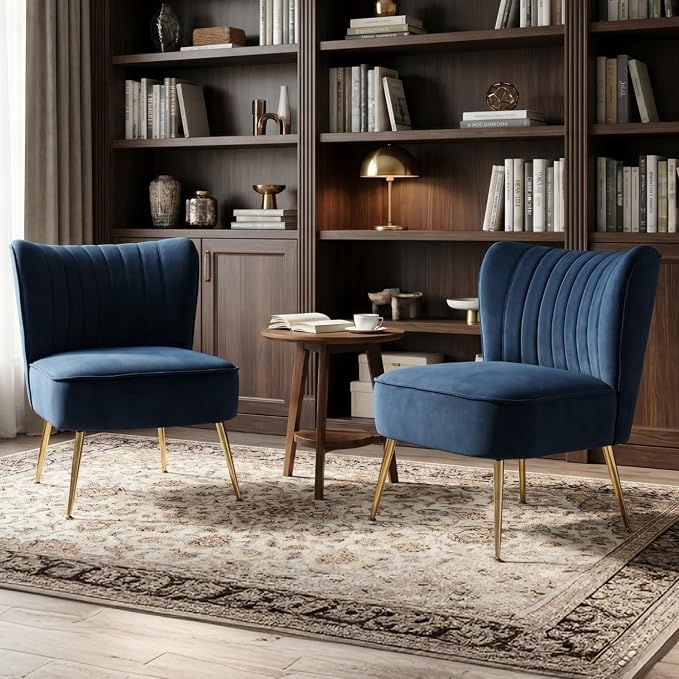 Velvet Accent Chair Set of 2 Comfy Living Room Chair Armless Slipper Chair Mid - Image 7