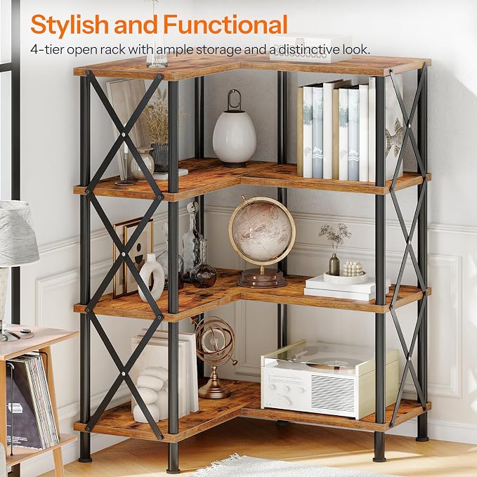 HOOBRO Corner Bookshelf, 4-Tier L-Shaped Bookcase, Industrial Open Display - Image 3