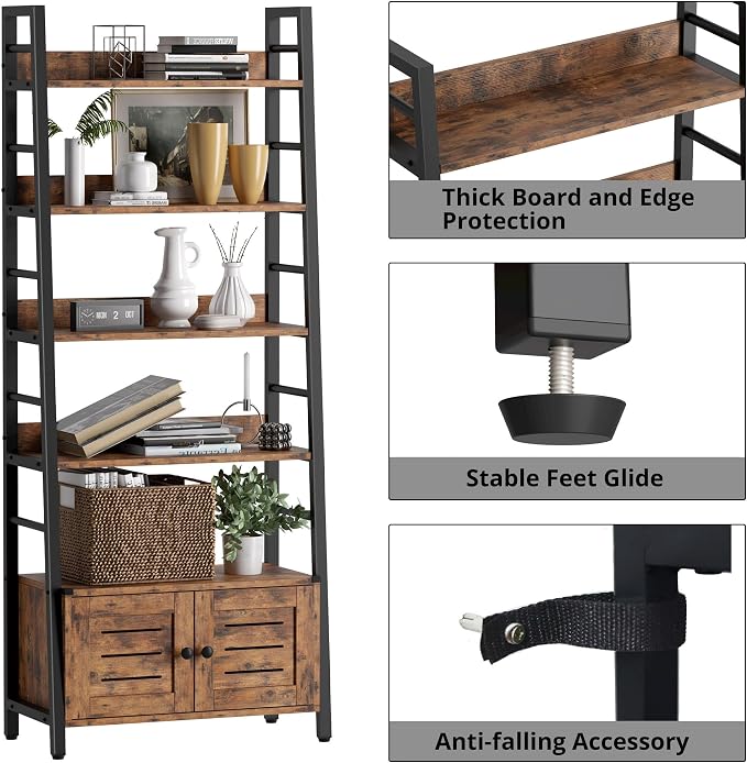 IRONCK Bookshelf with Louvered Doors, 4-Tier Ladder Shelf with Cabinet - Image 6