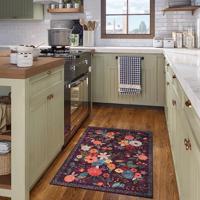Floral Rug for Entryway, 2x3 Washable Kitchen Mat | Ultra-Thin Soft, Non-Slip - Image 3