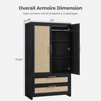 SICOTAS Rattan Armoire Wardrobe Closet Cabinet, 2 Drawers and Hanging Rod - Image 2