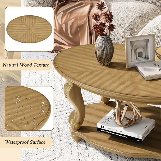 Oval Wood Coffee Table for Living Room, 2-Tier Solid Wood Coffee Table - Image 4