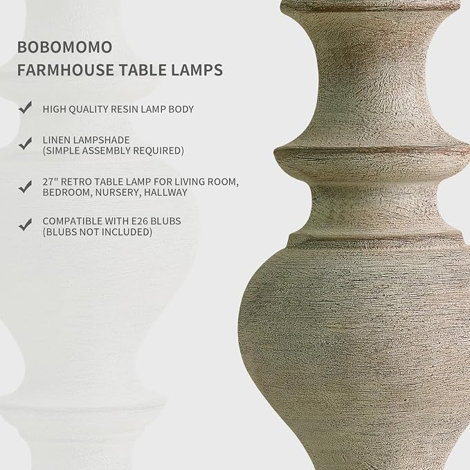 BOBOMOMO 27" Antique Gray Table Lamps Set of 2, Large Farmhouse Resin Lamps - Image 3
