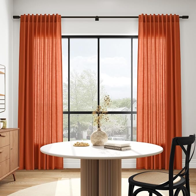 Bright Orange Linen Blend Light Filtering Back Tab Curtains 96 Inches Long - Image 6