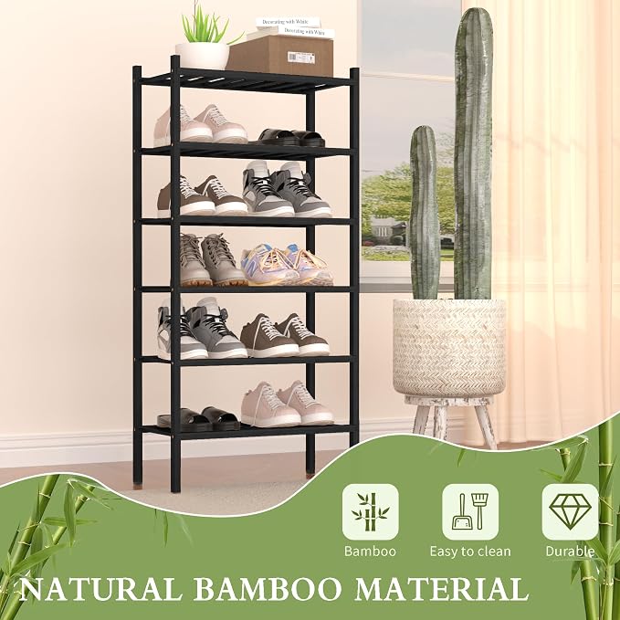 ROMGUAR CRAFT 6-Tier Bamboo Small Shoe Rack, Free Standing Wood Shoe Shelf - Image 4