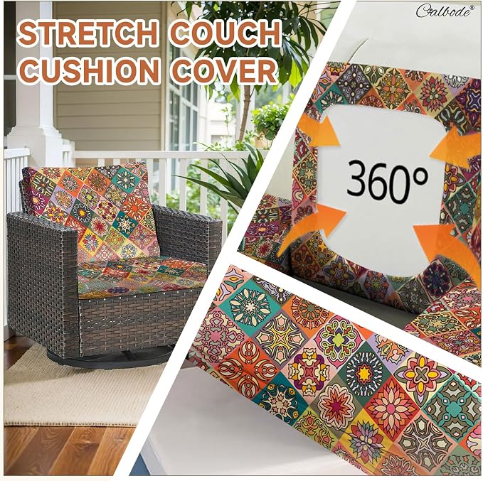 CALBODE 8Pcs Stretch Patio Cushion Cover, Bohemian Colored Geometric Pattern - Image 3