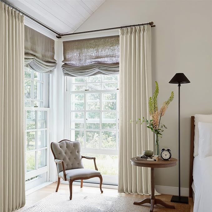 Beige Pinch Pleated Linen Curtains 112 Inches Long 2 Panels | Memory Training - Image 6