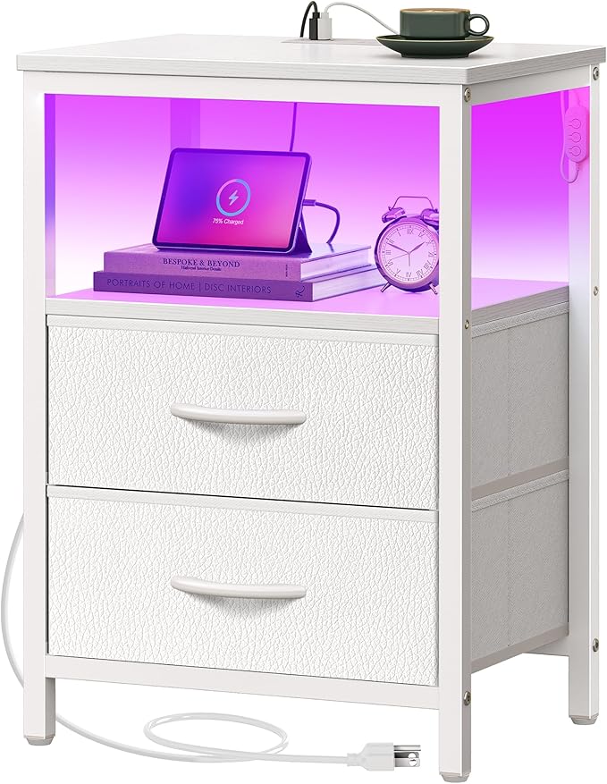 Huuger Night Stand with Charger Station and LED Lights, 2 Drawer Nightstand by Huuger