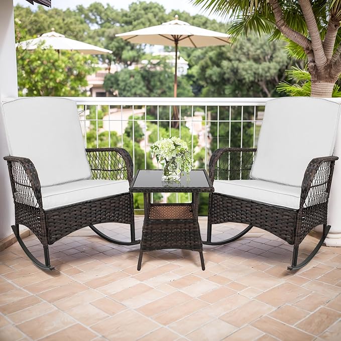 LEVELEVE 3pcs Modern PE Wicker Outdoor Rocking Chairs & Glass Table Set - Image 6