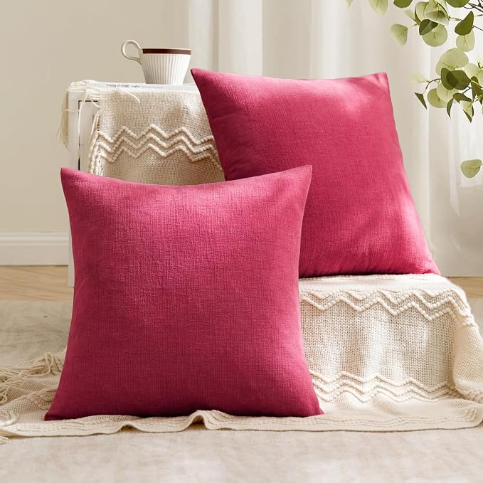 MIULEE Hot Pink Red Chenille Couch Throw Pillow Covers, 18x18 | Set of 2 - Image 4