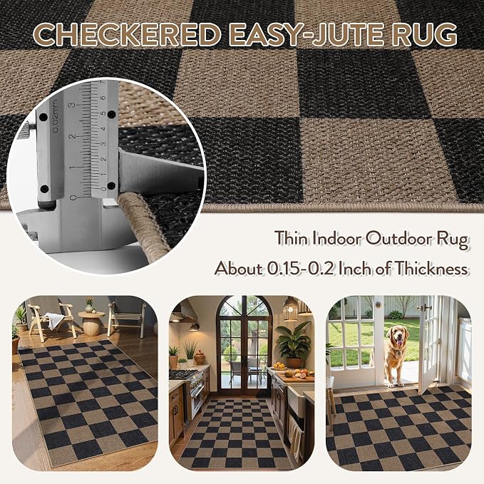 Lahome Checkered Easy Jute 3x5 Outdoor Rug, Washable Rugs - Image 4