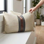 Set of 2 Leather Throw Pillow Covers Lumbar Cotton Linen Decor Patchwork Pillow - Image 2