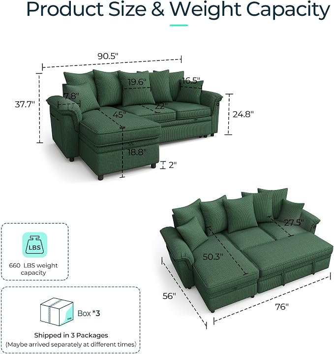 LINSY HOME 90.5'' Sectional Sleeper Sofa - Image 2