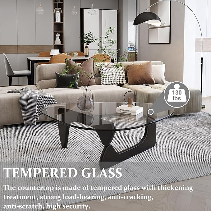 Mid-Century Modern Coffee Table, Tempered Glass Top & Natural Wood Base - Image 6