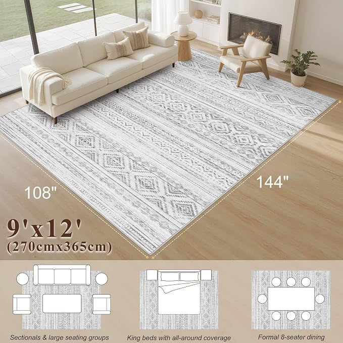 cotiled Boho 9x12 Area Rug for Living Room: Large Moroccan Washable Rug | Stain - Image 8