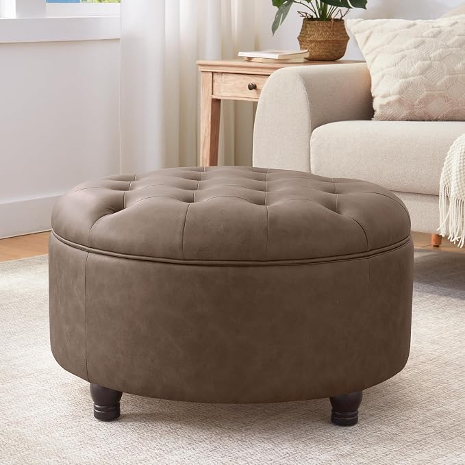 30-Inch Round Storage Ottoman, Button Tufted Ottoman Coffee Table by MIQMICMIK
