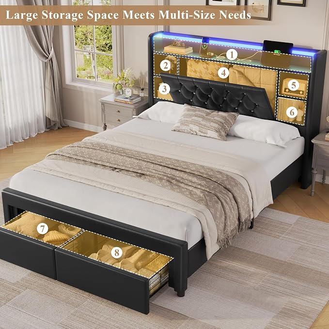 Full Bed Frame with Drawers, Hidden-Cubby & Shelves Storage Headboard with - Image 6