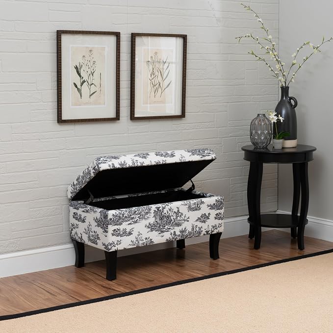 Linon Stephanie Black and White Toile Fully Upholstered Bench - Image 4