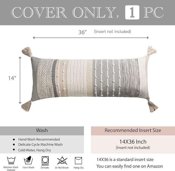 Gray Boho Lumbar Throw Pillow Cover 14x36 Grey Accent Long Body Lumbar Pillow - Image 4