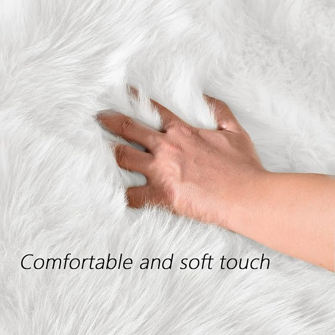 Latepis White Faux Fur 4'x5'10" Area Rug, Soft Plush Faux Fur Sheepskin Rugs - Image 4