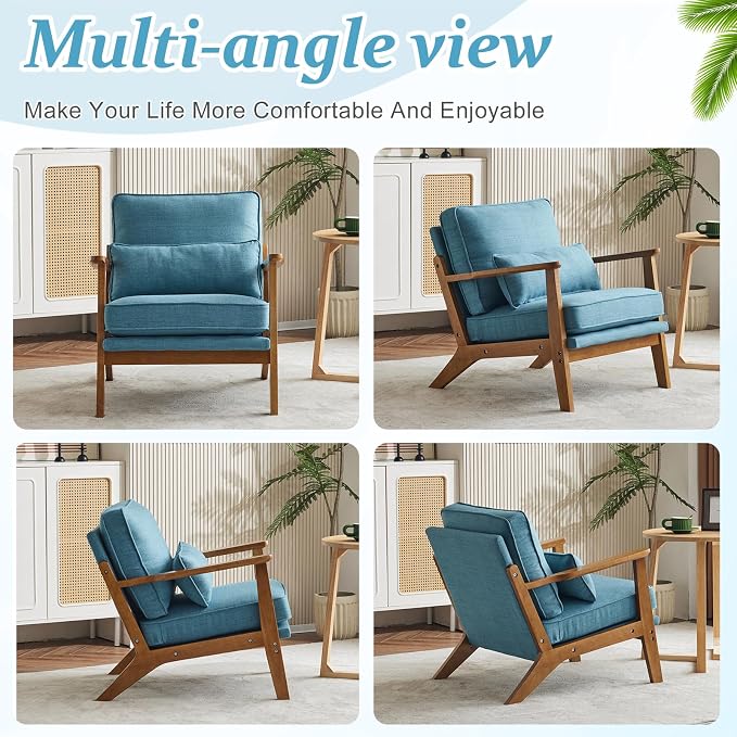 VINGLI Solid Wood Wide Armrests Accent Chair, Upholstered Mid Century Modern - Image 8