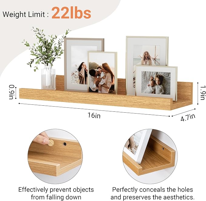 Floating Shelves for Wall, 16 inch Wood Floating Shelves Set of 2, Picture - Image 3