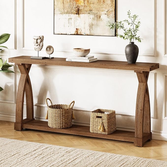 Solid Wood Console Table for Entryway, 63-Inch Narrow Farmhouse Couch Table by TribewoodbyTribesigns