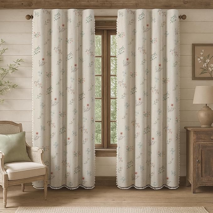 Boho Floral 100% Blackout Curtains 90 Inch 2 Panels Linen Texture | Farmhouse by Unknown