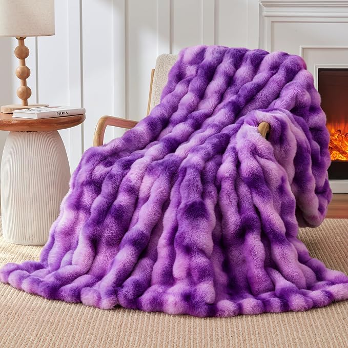 Luxury 1000GSM Rabbit Faux Fur Blanket, Super Warm Cozy Brown Blankets by TOUCHAT