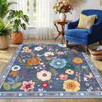 RELEANY Floral Washable Square 6ft Area Rug Blue/Grey | Flower Carpet Print - Image 8