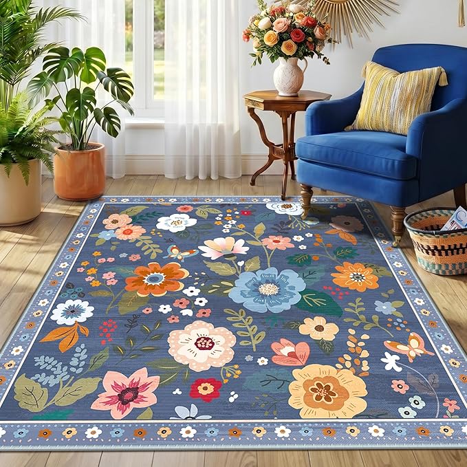 RELEANY Floral Washable Square 5ft Area Rug Blue/Grey | Flower Carpet Print - Image 6