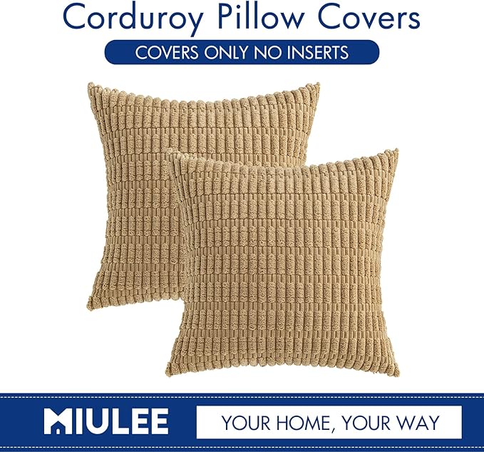 MIULEE Corduroy Decorative Throw Pillow Covers 18x18 Khaki Pack of 2 | Soft - Image 5