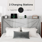 Feonase Full Bed Frame with Charging Station, Linen Upholstered Platform - Image 3